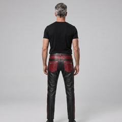 Men's Black Leather Pants | Genuine Leather with Red Panels