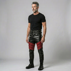 Men's Black Leather Pants | Genuine Leather with Red Studded Panels
