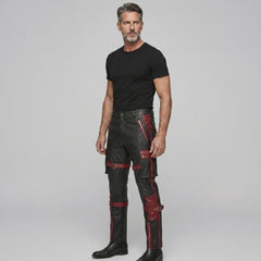 Men's Black Leather Cargo Pants | Genuine Leather with Red Accents