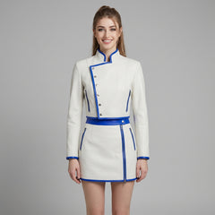 Leather Jacket, Women's White Genuine Leather Racer Style, Blue Trim Mini Skirt Set, Handmade Custom Fit