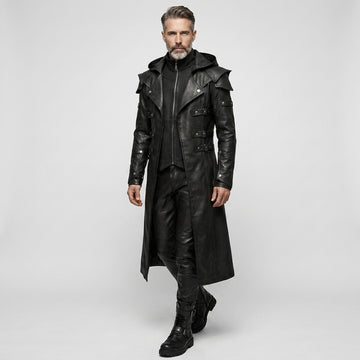 Full front view of men’s black hooded leather trench coat with gothic LARP cosplay style, long duster shape, and dark fashion look. - Rizwards Leather