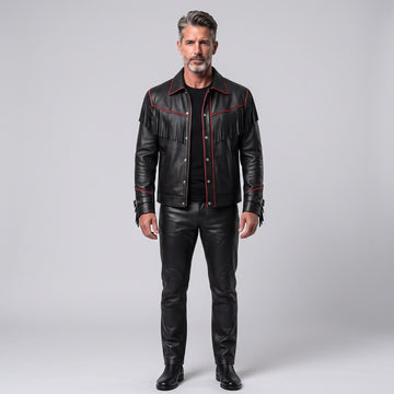 Men's Black Leather Fringe Jacket, Western Biker Style