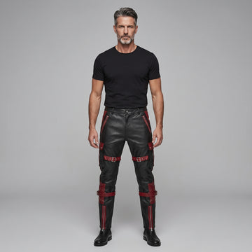 Men's Black Leather Cargo Pants | Genuine Leather with Red Accents