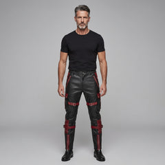 Men's Black Leather Cargo Pants | Genuine Leather with Red Accents
