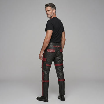 Men's Black Leather Cargo Pants | Genuine Leather with Red Accents