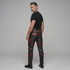 Men's Black Leather Cargo Pants | Genuine Leather with Red Accents