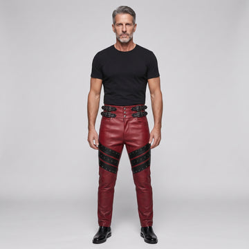Men's Red Genuine Leather Pants with Black Studded Panels