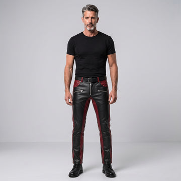 Men's Black Leather Pants | Genuine Leather with Red Panels