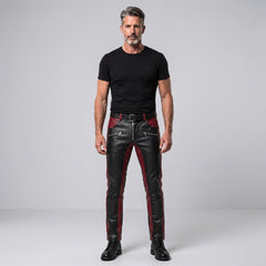 Men's Black Leather Pants | Genuine Leather with Red Panels