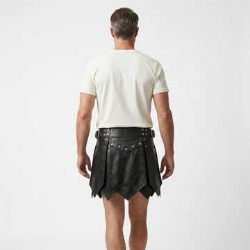 Male model wearing handmade black leather kilt, gothic Viking gladiator style mens leather kilt for LARP cosplay festival - Rizwards Leather
