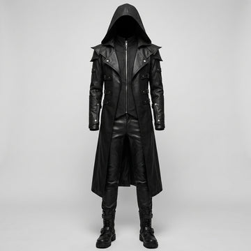 Full front view of men’s black hooded leather trench coat with gothic LARP cosplay style, long duster shape, and dark fashion look. - Rizwards Leather