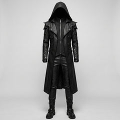 Dark front pose of men’s gothic hooded leather coat with long black trench coat design, structured shoulders, and LARP costume style. - Rizwards Leather