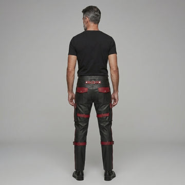 Men's Black Leather Cargo Pants | Genuine Leather with Red Accents