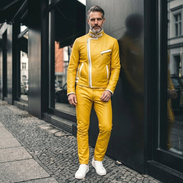 Men’s Leather Jacket | Genuine Biker Motorcycle | Yellow Asymmetrical Zip | Custom Fit