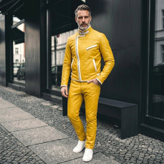 Men’s Leather Jacket | Genuine Biker Motorcycle | Yellow Asymmetrical Zip | Custom Fit
