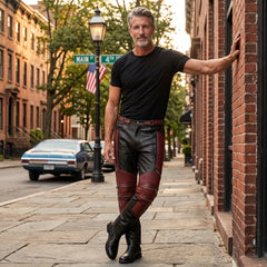 Men's Black & Red Genuine Leather Cyberpunk Pants | Biker Trousers