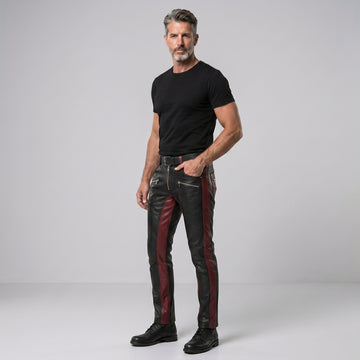 Men's Black Leather Pants | Genuine Leather with Red Panels