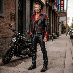 Cyberpunk Leather Jacket & Pants Set | Men's Black Red Biker Outfit