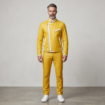 Men’s Leather Jacket | Genuine Biker Motorcycle | Yellow Asymmetrical Zip | Custom Fit