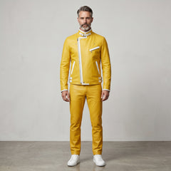 Men’s Leather Jacket | Genuine Biker Motorcycle | Yellow Asymmetrical Zip | Custom Fit