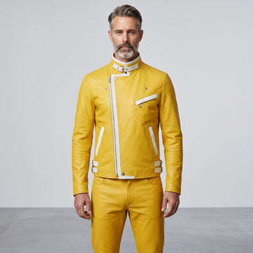 Men’s Leather Jacket | Genuine Biker Motorcycle | Yellow Asymmetrical Zip | Custom Fit