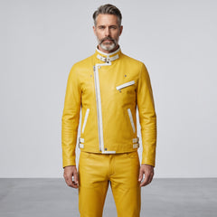 Men’s Leather Jacket | Genuine Biker Motorcycle | Yellow Asymmetrical Zip | Custom Fit