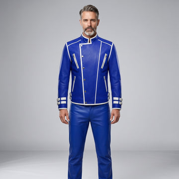 Leather Jacket | Men’s Genuine Blue Military Racer | White Piped Asymmetrical Zip | Handmade Custom Fit