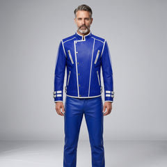 Leather Jacket | Men’s Genuine Blue Military Racer | White Piped Asymmetrical Zip | Handmade Custom Fit