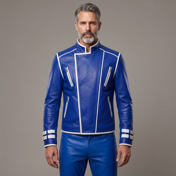 Leather Jacket | Men’s Genuine Blue Military Racer | White Piped Asymmetrical Zip | Handmade Custom Fit