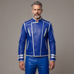 Leather Jacket | Men’s Genuine Blue Military Racer | White Piped Asymmetrical Zip | Handmade Custom Fit