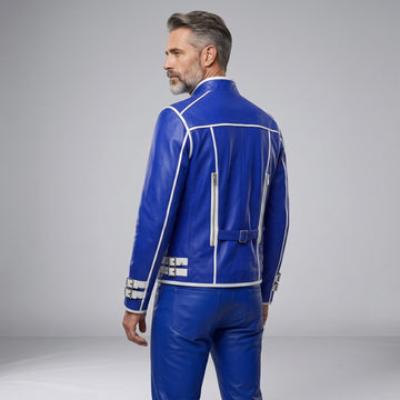 Leather Jacket | Men’s Genuine Blue Military Racer | White Piped Asymmetrical Zip | Handmade Custom Fit
