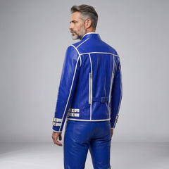 Leather Jacket | Men’s Genuine Blue Military Racer | White Piped Asymmetrical Zip | Handmade Custom Fit