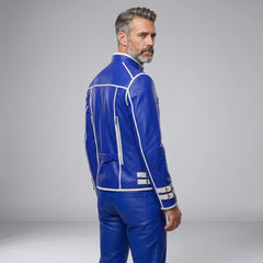 Leather Jacket | Men’s Genuine Blue Military Racer | White Piped Asymmetrical Zip | Handmade Custom Fit