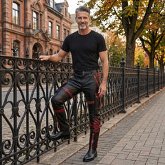 Men's Black Leather Cargo Pants | Genuine Leather with Red Accents