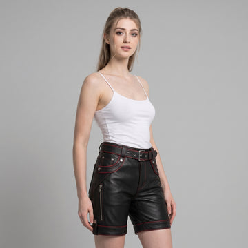 Black Genuine Leather Shorts | Custom Streetwear Festival Style, Red Trim Goth Clothes