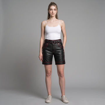 Black Genuine Leather Shorts | Custom Streetwear Festival Style, Red Trim Goth Clothes
