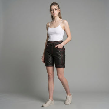 Black Genuine Leather Shorts | Custom Streetwear Festival Style, Red Trim Goth Clothes
