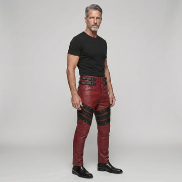 Men's Red Genuine Leather Pants with Black Studded Panels