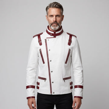 Genuine Leather Men's White Red Cyberpunk Racing Jacket