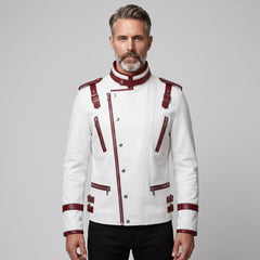 Genuine Leather Men's White Red Cyberpunk Racing Jacket