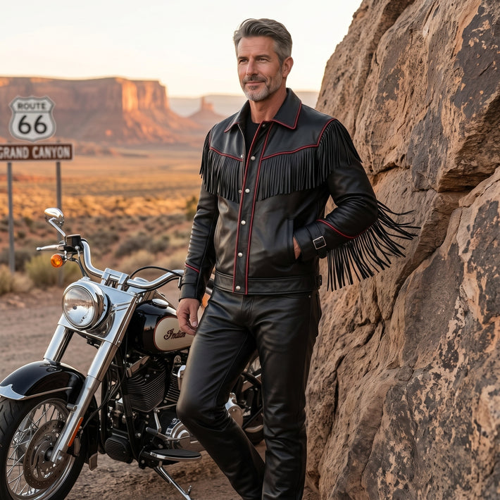 Men's Black Leather Fringe Jacket, Western Biker Style