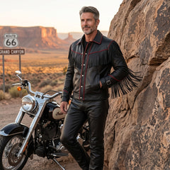 Men's Black Leather Fringe Jacket, Western Biker Style