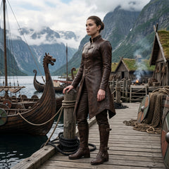 Viking Costume for Women | Brown Leather Coat, Pants & Combat Boots