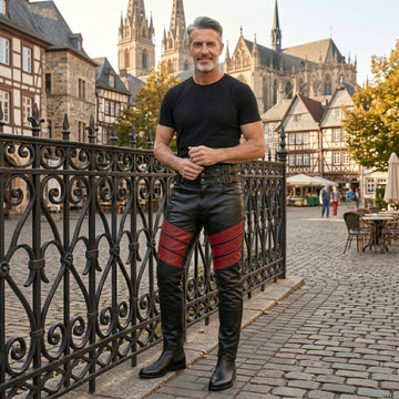 Men's Black Leather Pants | Genuine Leather with Red Studded Panels