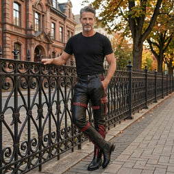 Men's Black Leather Cargo Pants | Genuine Leather with Red Accents