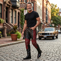 Men's Black & Red Genuine Leather Cyberpunk Pants | Biker Trousers