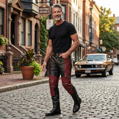 Men's Black & Red Genuine Leather Cyberpunk Pants | Biker Trousers