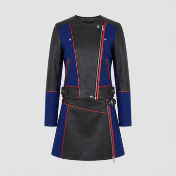 Women's Genuine Leather Jacket & Mini Skirt Set | Black Blue Color Block Biker Jacket | Asymmetrical Zip Motorcycle Leather Outfit | Designer Co-Ord Set