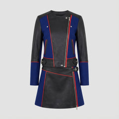 Women's Genuine Leather Jacket & Mini Skirt Set | Black Blue Color Block Biker Jacket | Asymmetrical Zip Motorcycle Leather Outfit | Designer Co-Ord Set