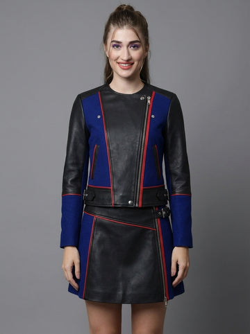 Women's Genuine Leather Jacket & Mini Skirt Set | Black Blue Color Block Biker Jacket | Asymmetrical Zip Motorcycle Leather Outfit | Designer Co-Ord Set